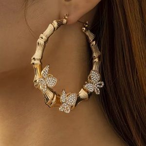 Gold plated Butterfly Bamboo Hoop Earrings Vintage Big Circle Hanging Earrings